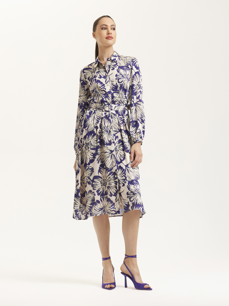 Belted button-down dress with floral pattern