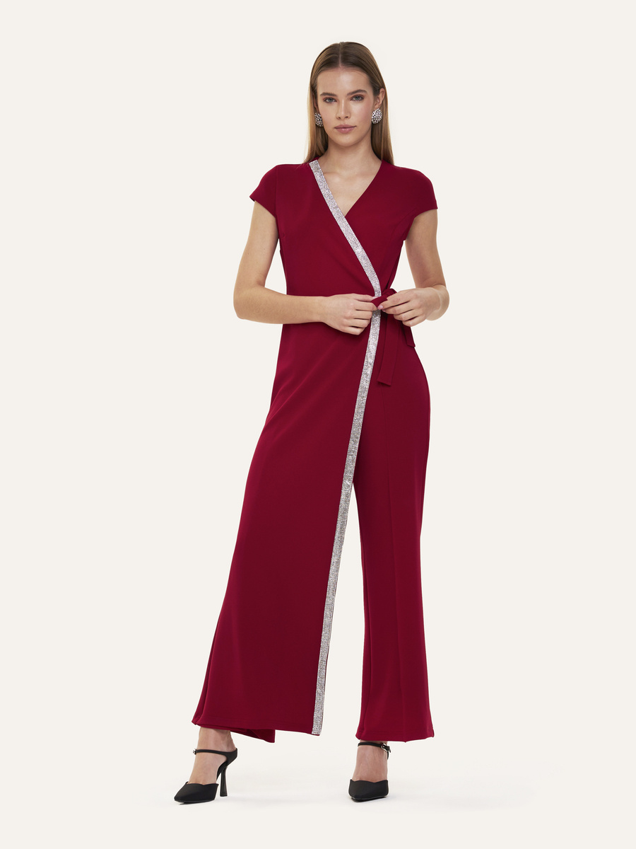 Wrap and tie jumpsuit with rhinestones details